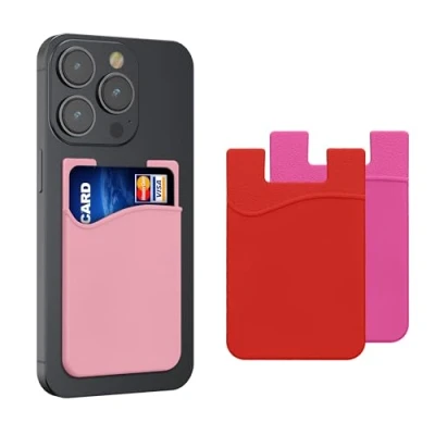 Afbeelding van kwmobile Stick On kaarthouder voor telefoon (set van 3) siliconen portemonnee kaarthouders plakt op mobiele achterkant of hoesje roze/donkerroze/rood