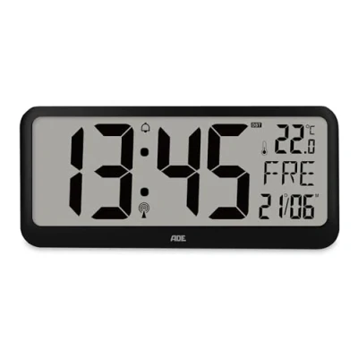Afbeelding van ADE Zeer grote digitale wandklok met XXL cijfers, radioklok kalender, perfect voor kantoor, ruimte, werkplaats, senioren, thermometer en alarm, tafelklok zwart