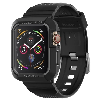 Afbeelding van Apple Watch 44 mm Hoes: Spigen Rugged Armor Pro Case Shockproof/Valbescherming Bumper Zwart Siliconen En TPU (zacht) Smart Covers