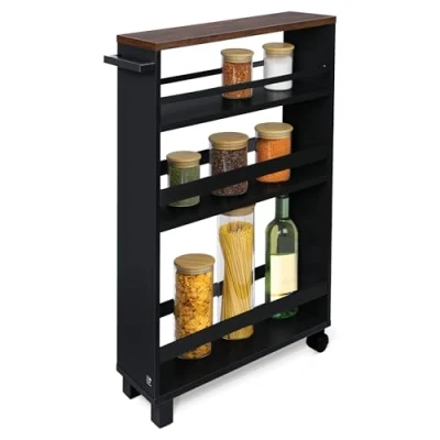 Afbeelding van bomoe Hylla Keukentrolley op Wieltjes 50x79x15 cm Serveerwagen Hout met 3 Planken &amp; FSC® werkblad Bruin Zwart