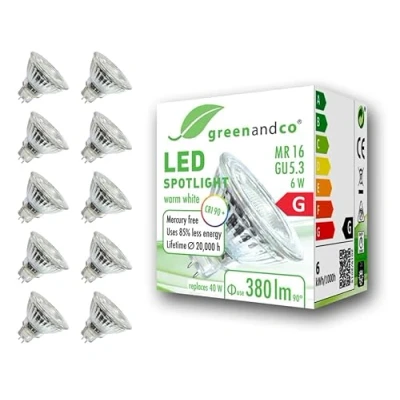 Afbeelding van 10x greenandco® CRI90+ 3000K 36 LED spot vervangt 40W GU5.3 MR16, 6W 380lm warm wit 12V AC/DC, flikkervrij, niet dimbaar