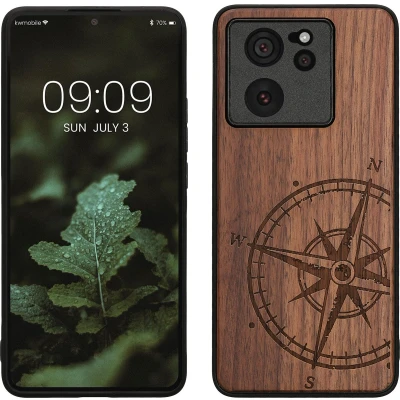 Afbeelding van kwmobile telefoonhoesje geschikt voorXiaomi 13T / Pro Hoesje met bumper walnoothout In donkerbruin Vintage Kompas design