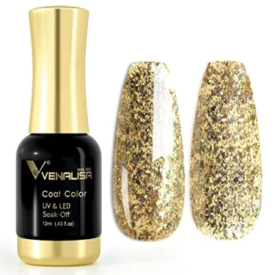Afbeelding van VENALISA Uv gellak nagellak goud glitter kleuren, gel soak off nagels kleurgel kit voor nageldesign manicure 12 ml