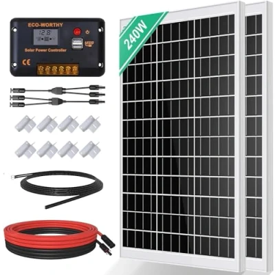 Afbeelding van ECO WORTHY Monokristallijn zonnecelkit, 240 W, bevat 12 V zonnepaneel + 30 A zonne laadregelaar 5 m zonnekabel Z bevestigingsklemmen voor camper, caravan, huishouden en off grid systeem
