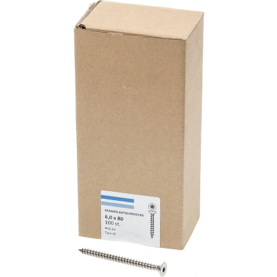 Afbeelding van Spaanplaatschroef RVS 6,0 x 80 mm, Torx25 (100 stuks)