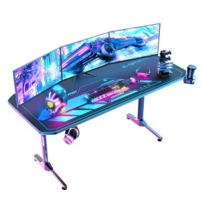 Afbeelding van Himimi Gamingbureau, 160 cm, x 75 ergonomische Trust gamingtafel, T vorm, pc gamer, computertafel met grote muismat, bekerhouder, hoofdtelefoonhaak, kabelmanagement en gaming handgreep