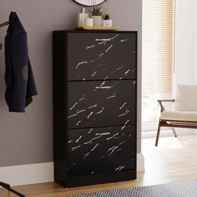 Afbeelding van Vida Designs Schoenenkast met 3 lades en kast voor schoenenopslag organizer, trek naar beneden houten meubeleenheid (zwart marmer)