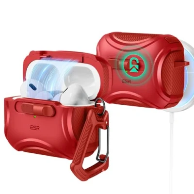 Afbeelding van ESR AirPods Pro 2 hoes, beschermhoes compatibel met 2e/1e generatie (2023/2022/2019), MagSafe (USB C/Lightning kabel), magneetsluiting, valbescherming trekkoord, rood
