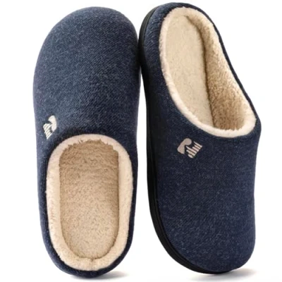 Afbeelding van RockDove Originele tweekleurige pantoffels voor heren met traagschuim, blauw en Sherpa., 42/43 EU