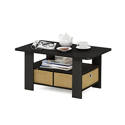 Afbeelding van Furinno Andrey salontafel met 2 laden, houtcomposietmateriaal, pvc buizen en vliescontainer, espresso/bruin, 48,01 x 39,62 cm