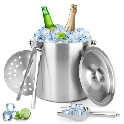 Afbeelding van NVIYAM 2 liter roestvrijstalen ijsemmer met dubbelwandig design, ijsblokjeshouder deksel, drankkoeler voor feestjes, bier, cocktailbar, koele wijn, champagne, ijsschep en tang