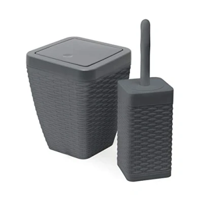 Afbeelding van Addis 517487 Faux rotan vierkante badkamerset inclusief schommelbak en toiletborstel, houtskoolgrijs, bak toilet