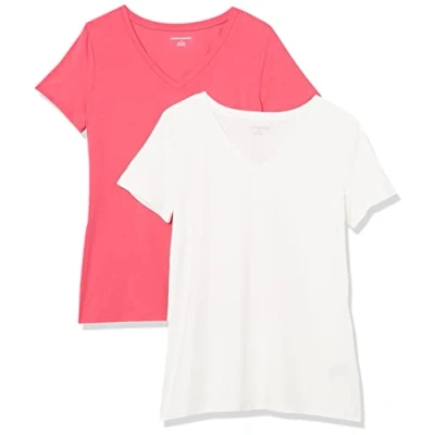 Afbeelding van Amazon Essentials Women&#039;s T shirt met korte mouwen en V hals in klassieke pasvorm, Pack of 2, Helderroze/Wit, M
