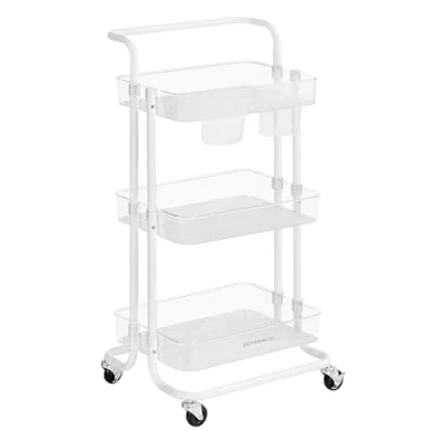 Afbeelding van SONGMICS Mobiele trolley met 3 niveaus, serveerwagen op wielen, opbergrek, handvat, 2 potten, remmen, kunststof manden, eenvoudige montage, slaapkamer, keuken, wit en transparant BSC067W03