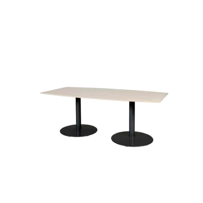 Afbeelding van Linesto 200x100cm tonvormige vergadertafel op vaste hoogte (74cm) met lindberg (licht) eiken 25mm blad en zwarte (RAL9005) trompetvoeten