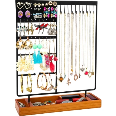 Afbeelding van Belle Vous 4 Laags Zwarte Sieraden Houder Standaard Display 50 Knopgaten, 10 Haken, Hangende Armen &amp; Houten Tray Tafeltop Boom voor Kettingen, Oorbellen, Armbanden, Ringen Meer