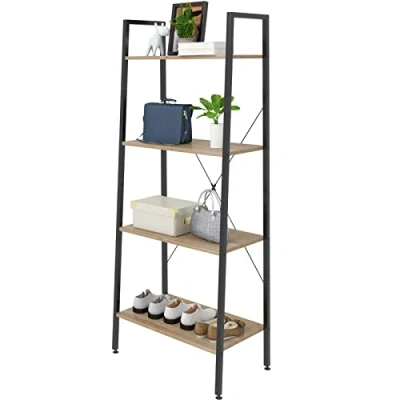 Afbeelding van eSituro Heavy Duty 4 Tier Opbergplanken Ladder Boekenplank Industriële Boekenkast Rekken Unit Stand met Zwart Metalen Frame Licht Eiken Houten Planken 60x35x148CM SSTR0020