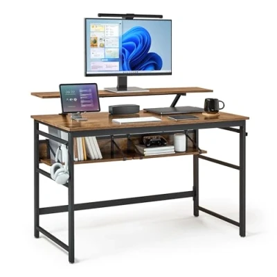 Afbeelding van Mondeer Computerbureau, werkstation schrijfbureau met 2 verstelbare opbergplanken en grote monitorstandaard, ruimtebesparend voor thuiskantoor studio, 120 x 60 90 cm, rustiek bruin