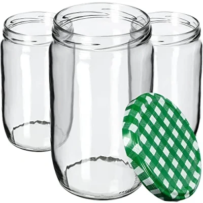 Afbeelding van KADAX Weckpotten, 720 ml, inmaakpotten voor schroefdeksel, jampot, voorraadpot, conservenglas, ronde potten (groen geruit, 64 stuks)