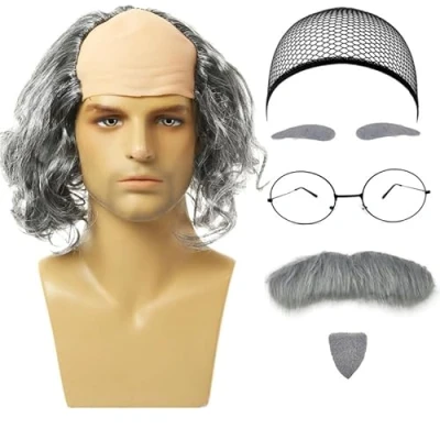 Afbeelding van UILYNIU 7 stuks kale pruikenset heren fancy dress pruik opa mannen met nep baard wenkbrauwen cap bril kostuum accessoires voor feest nachtshow cosplay Halloween