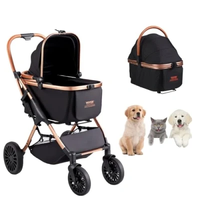 Afbeelding van VEVOR 3 in 1 grote wandelwagen voor honden katten tot 65 pond, 4 wielen hondenkinderwagen middelgrote en honden, kattenwandelwagen 2 met afneembare drager opbergmand