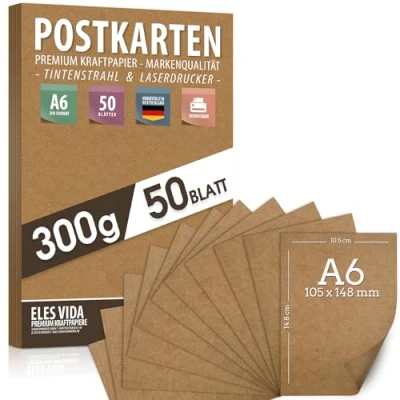 Afbeelding van Blanco Ansichtkaarten, kraftpapier om zelf vorm te geven, DIN A6, set 300 g 10,5 x 14,8 cm, natuurlijk karton, vellen van kraftkarton printen, kartonnen papier, knutselen, voor bruiloft,