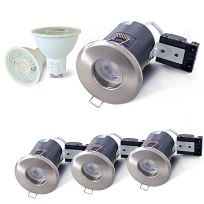Afbeelding van 4XSweier 90 minuten brandwerende LED spots, 5W 3000K Warm Wit IP65 Waterdichte Badkamer Inbouw Plafondlampen, 230V GU10 Downlight, Uitgesneden 75 mm. Satijn nikkel (niet dimbaar)