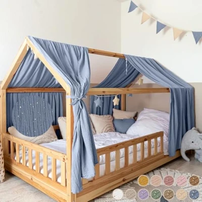 Afbeelding van lilimaus huisbed hemel met gouden applicatie [in 12 kleuren] bedhemel van 100% katoen mousseline stoffen voor decoratie meisjes en jongens kinderbed
