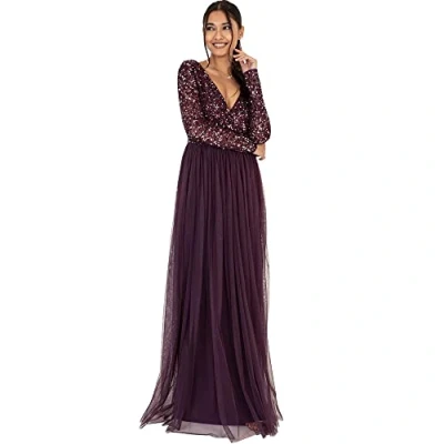 Afbeelding van Maya Deluxe Dames Maxi Jurk Lange Mouwen V Hals Plunging Sequin Verfraaid voor Bruiloft Gast Bruidsmeisje Prom, Bessen, 40