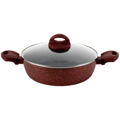 Afbeelding van Florina Casanova aluminium hapjespan met 3 laags coating inclusief glazen deksel 24 cm 2.3 liter stone look rood