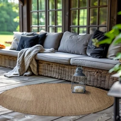 Afbeelding van Ronde Buitentapijt voor Terras, Balkon en Tuin, Keukentapijt in Effen Design, Weerbestendig Platgeweven met Sisal Look, Wasbaar Tapijt 120 cm Rotondo, Bruin