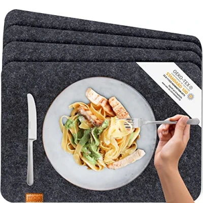 Afbeelding van MIQIO® Scandi stijl Placemats van Vilt &amp; Leer Wasbaar Set 4 44x30 cm voor Kersttavel Decoratie Donkergrijs
