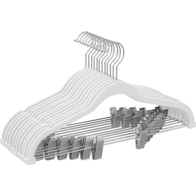 Afbeelding van SONGMICS Broekhangers, fluweel, met brug en clips, pak hanger, dun, antislip, ruimtebesparend, 360 draaibare haak, voor kostuums, overhemden, jassen, mantels, 42,5 cm, wit CRF012W01