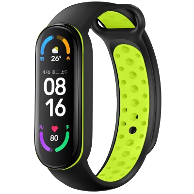 Afbeelding van Siliconen sport bandje voor de Xiaomi Mi Band 5 / 6 Zwart Lime iMoshion En TPU (zacht)