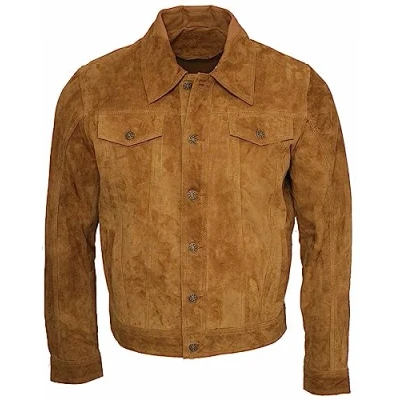 Afbeelding van Heren Trucker Casual Geit Suede Lederen Shirt Jeans Jas, bruin, 3XL