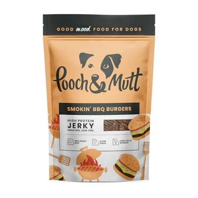 Afbeelding van Pooch &amp; Mutt Graanvrije Jerky lekkernijen, Smokin&#039; BBQ Burger smaak, trainingsbeloning, verpakking van 1 x 90 g