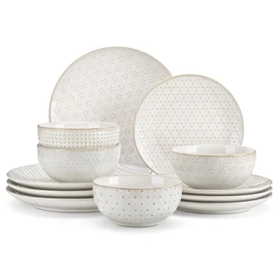 Afbeelding van MALACASA 12 delige dinerset voor 4, borden en kommen sets stuks, reliëf aardewerk servies sets, keramische dinersets, magnetronbestendig, serie Lydia