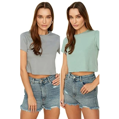 Afbeelding van Trendyol Kaki Wit 2 Pack Gebreid T Shirt Van 100% Katoen Met Ronde Hals Twoss20Ts1480