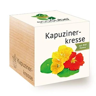 Afbeelding van Feel Green Ecocube Oost Indische kers, biologisch gecertificeerd, duurzaam cadeau idee (100% milieuvriendelijk), kweekset, planten in houten kubus, Made Oostenrijk