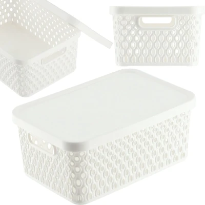 Afbeelding van KADAX Opbergmand, mand met deksel, opbergkist, opbergdoos van plastic, moderne plankmand, container ventilatiegaten (4,5 l, wit)