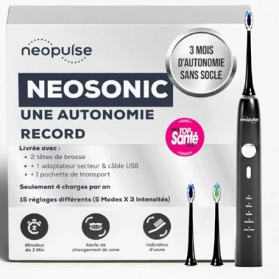 Afbeelding van NEOPULSE® Zwarte sonische elektrische tandenborstel NeoSONIC® Oplaadbaar 3 maanden batterij 15 instellingen Timer 2 borstels: 1 Zacht &amp; Ultra Soft (Zwart) Frans merk