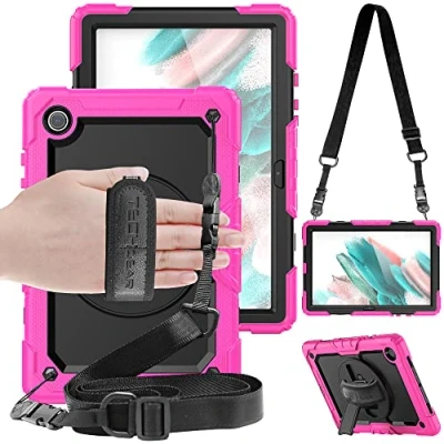 Afbeelding van TECHGEAR Utility Beschermhoes compatibel met Samsung Galaxy Tab A8 2021 10,5 inch (SM X200/SM X205), hard, stootbescherming 360 graden draaibare standaard, schouderriem en handgreep roze
