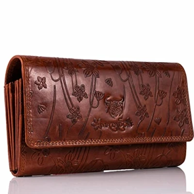 Afbeelding van MATADOR Echt leren damesportemonnee, TÜV geteste RFID bescherming, slank design, Bedrukt bruin, 18 x 9.5 3 CM, Klassiek