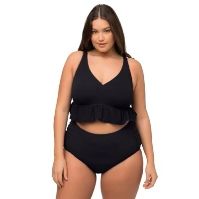 Afbeelding van Ulla Popken Dames, structuur, ruches, softcus, bandjes verstelbare bikiniset, zwart, 56