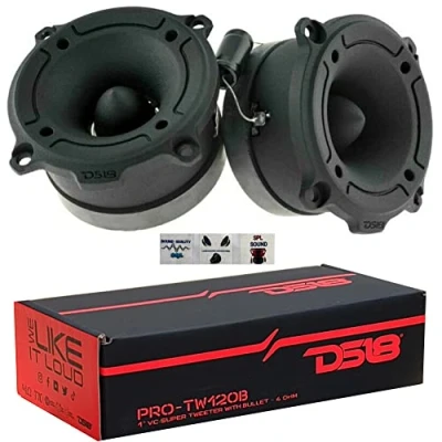 Afbeelding van 2 DS18 PRO TW120B super bullet zwart aluminium tweeters 120 watt rms en 240 max, 7,90 cm diameter impedantie 4 ohm, gevoeligheid 103 db, per paar + condensatoren 3 gratis stickers