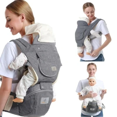 Afbeelding van Wenbones Babydrager, ergonomisch, aanpasbaar, katoen, zachte rugzak, babydrager met opbergtas en flessenhaak, voor pasgeborenen van 3 36 maanden, grijs