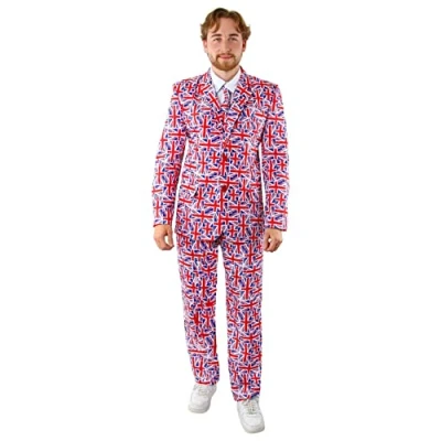 Afbeelding van Volwassenen Union Jack Suits Suit Jacket en Broek VE Day, Jubilee, Groot Brittannië Fancy Dress Small