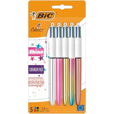 Afbeelding van BiC 4 kleuren glanzende en gradiënt intrekbare balpennen medium punt (1,00 mm) in metallic zilver, goud, roze, roségoud kleurverloop pastel pak van 5