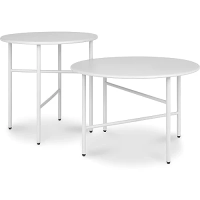Afbeelding van bomoe Set van 2 Ronde Bijzettafel Metaal Wit Krasbestendig Verschillende Hoogte &amp; Diameter Stabiele Woonkamer Salontafel Lichtgewicht Binnen Buiten Tuintafel Balkon Tafel Terras Finn