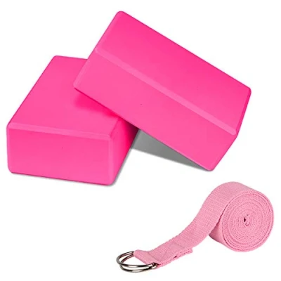 Afbeelding van 2PCS Yoga Block Set, PUDSIRN High Density EVA Foam Blocks Antislip met Strap Metal D Ring om de balans en flexibiliteit voor yoga, pilates, meditatie te verbeteren (Roze)